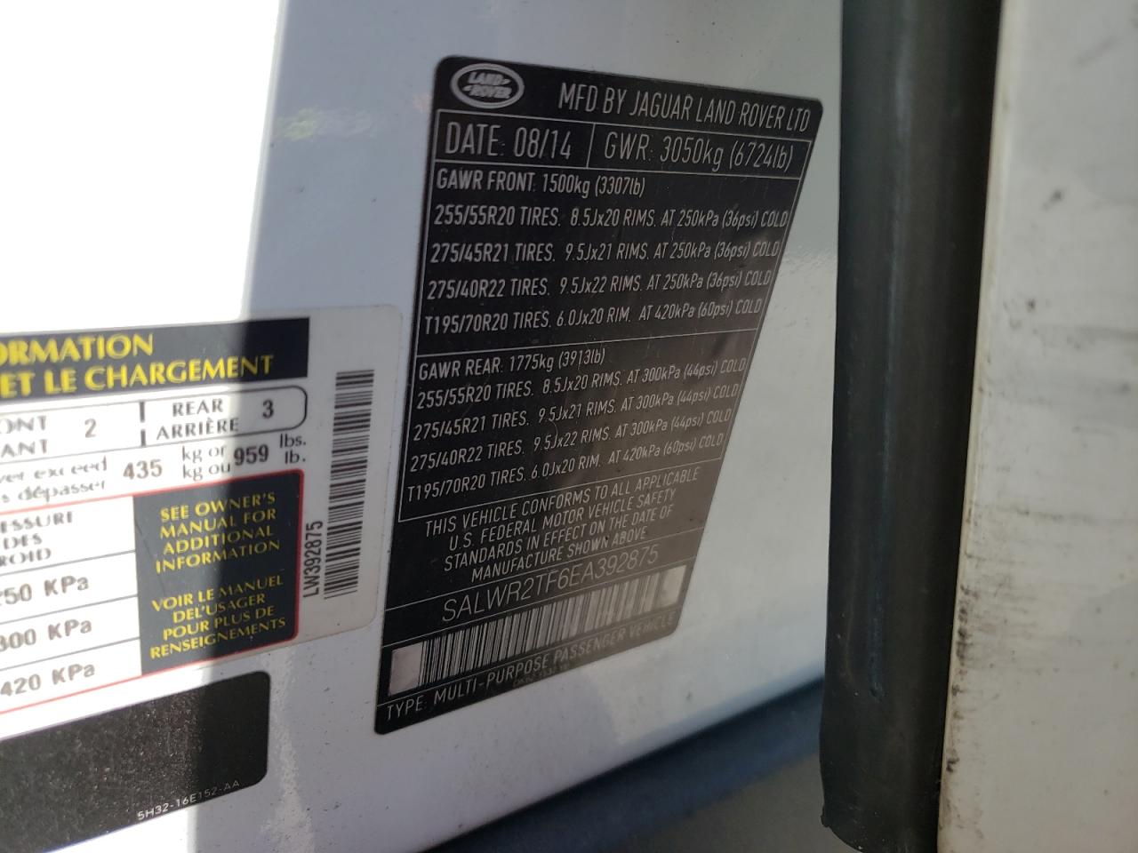 Photo 10 from auction – 2014 LAND ROVER RANGE ROVE with VIN SALWR2TF6EA392875