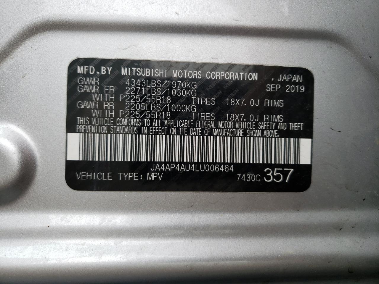 Photo 10 from auction – 2020 MITSUBISHI OUTLANDER with VIN JA4AP4AU4LU006464