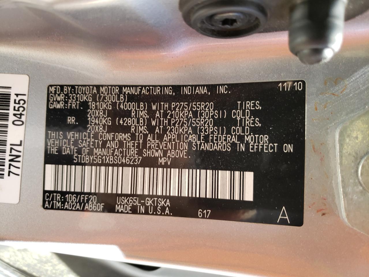 Photo 10 from auction – 2011 TOYOTA SEQUOIA with VIN 5TDBY5G1XBS046237