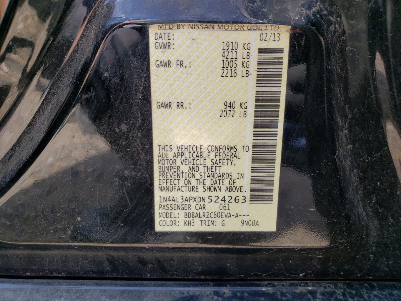Photo 10 from auction – 2013 NISSAN ALTIMA with VIN 1N4AL3APXDN524263