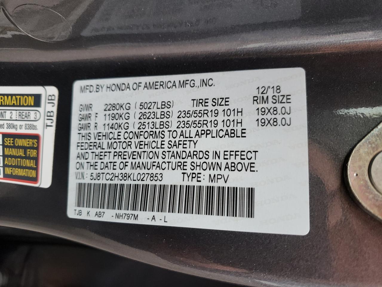 Photo 10 from auction – 2019 ACURA RDX with VIN 5J8TC2H38KL027853