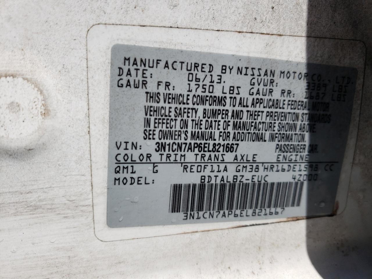 Photo 10 from auction – 2014 NISSAN VERSA S with VIN 3N1CN7AP6EL821667