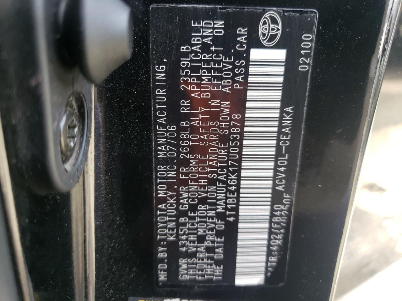 Photo 10 from auction – 2007 TOYOTA CAMRY CE with VIN 4T1BE46K17U053878