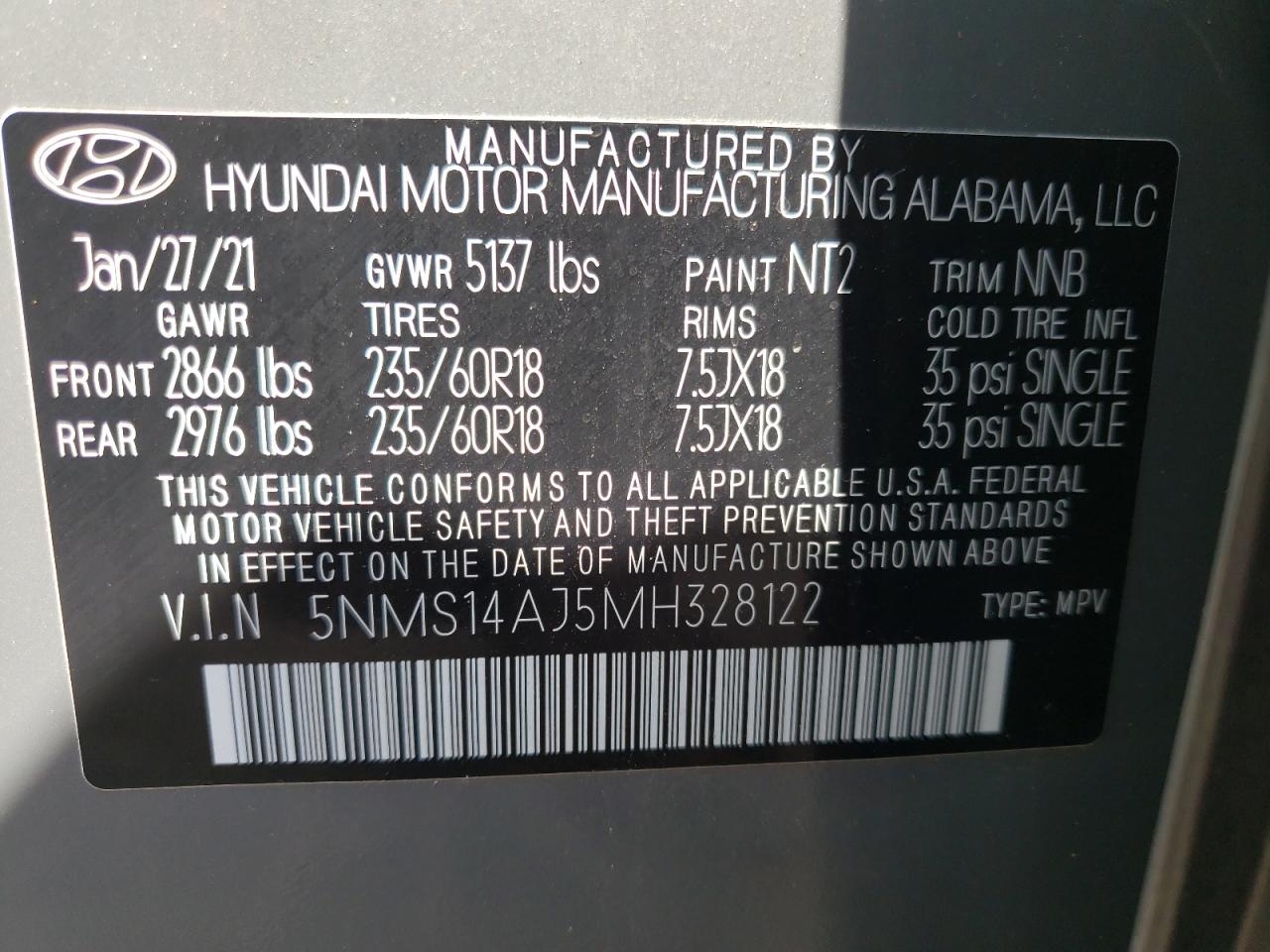 Photo 10 from auction – 2021 HYUNDAI SANTA FE S with VIN 5NMS14AJ5MH328122