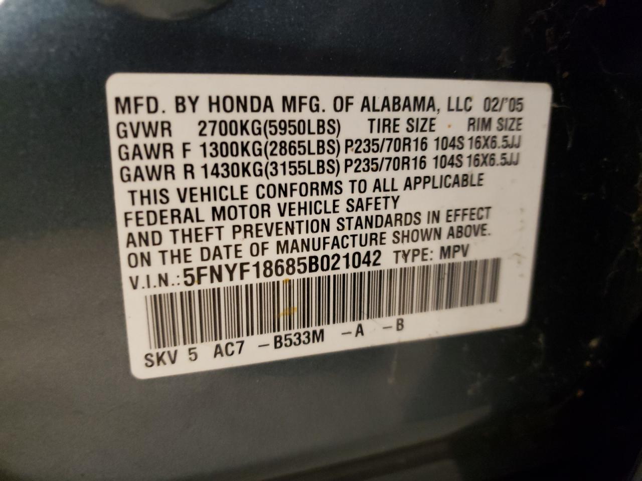 Photo 10 from auction – 2005 HONDA PILOT EXL with VIN 5FNYF18685B021042