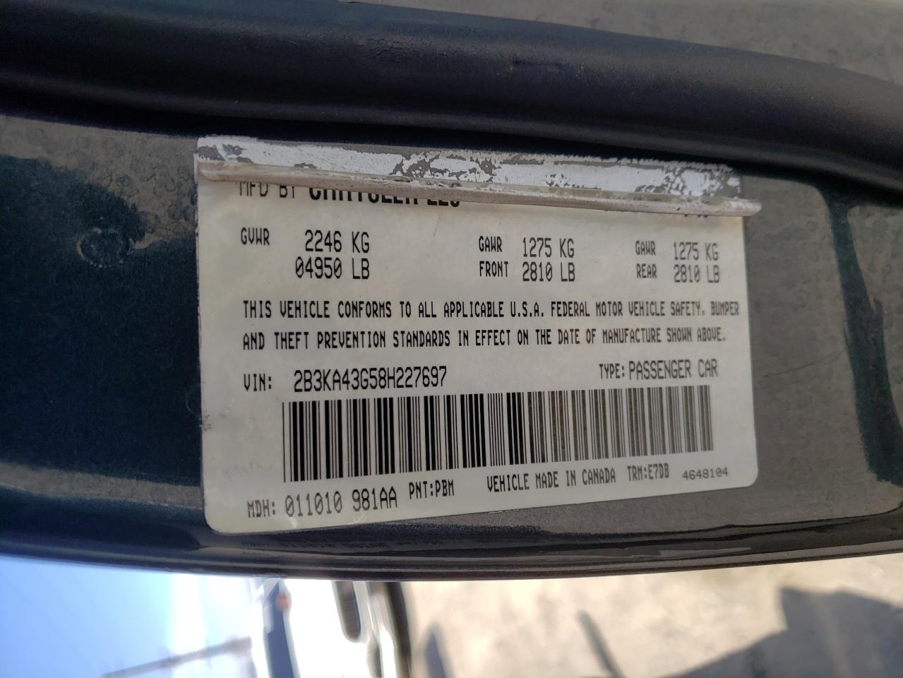 Photo 10 from auction – 2008 DODGE CHARGER with VIN 2B3KA43G58H227697