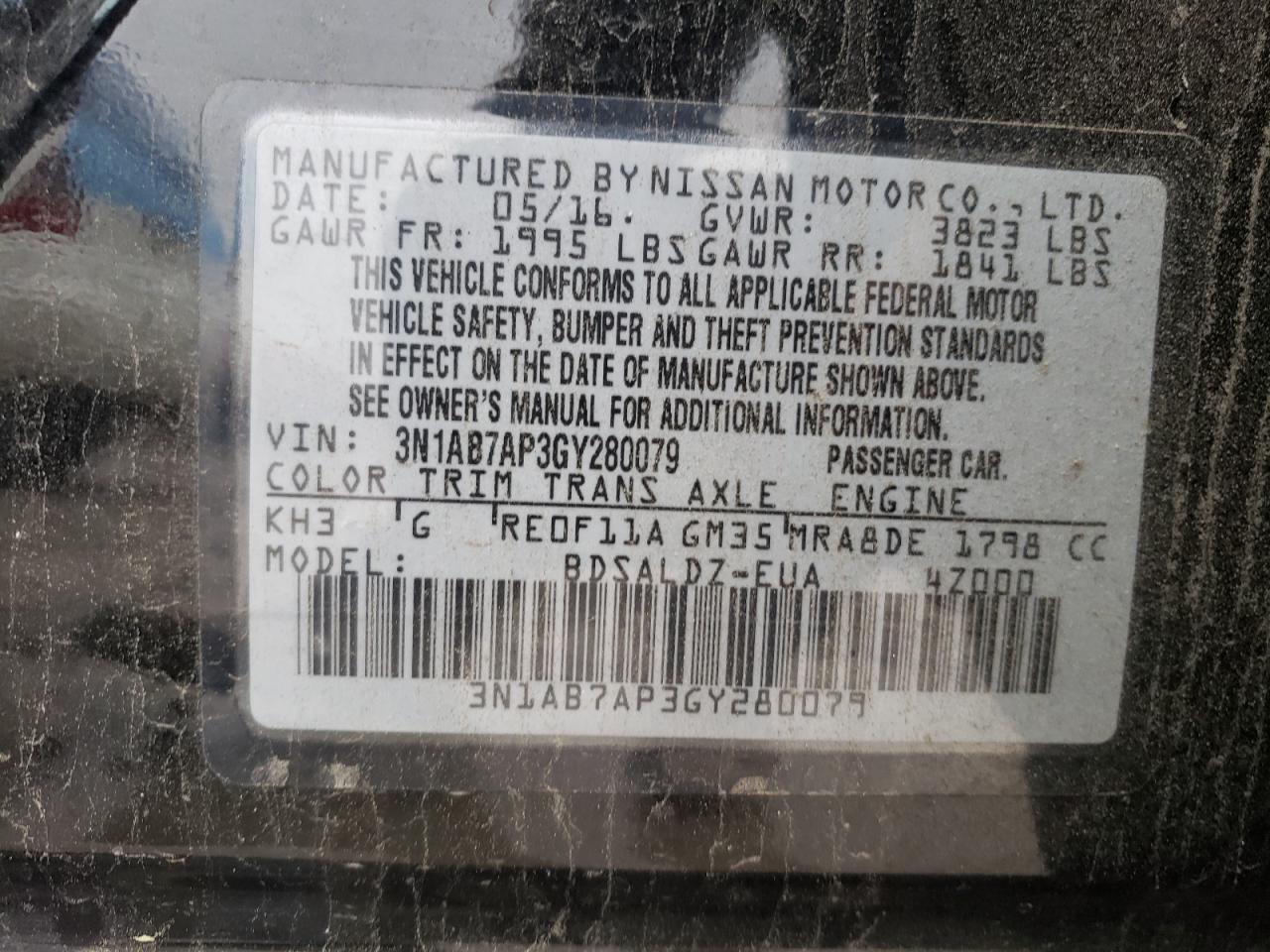 Photo 10 from auction – 2016 NISSAN SENTRA S with VIN 3N1AB7AP3GY280079