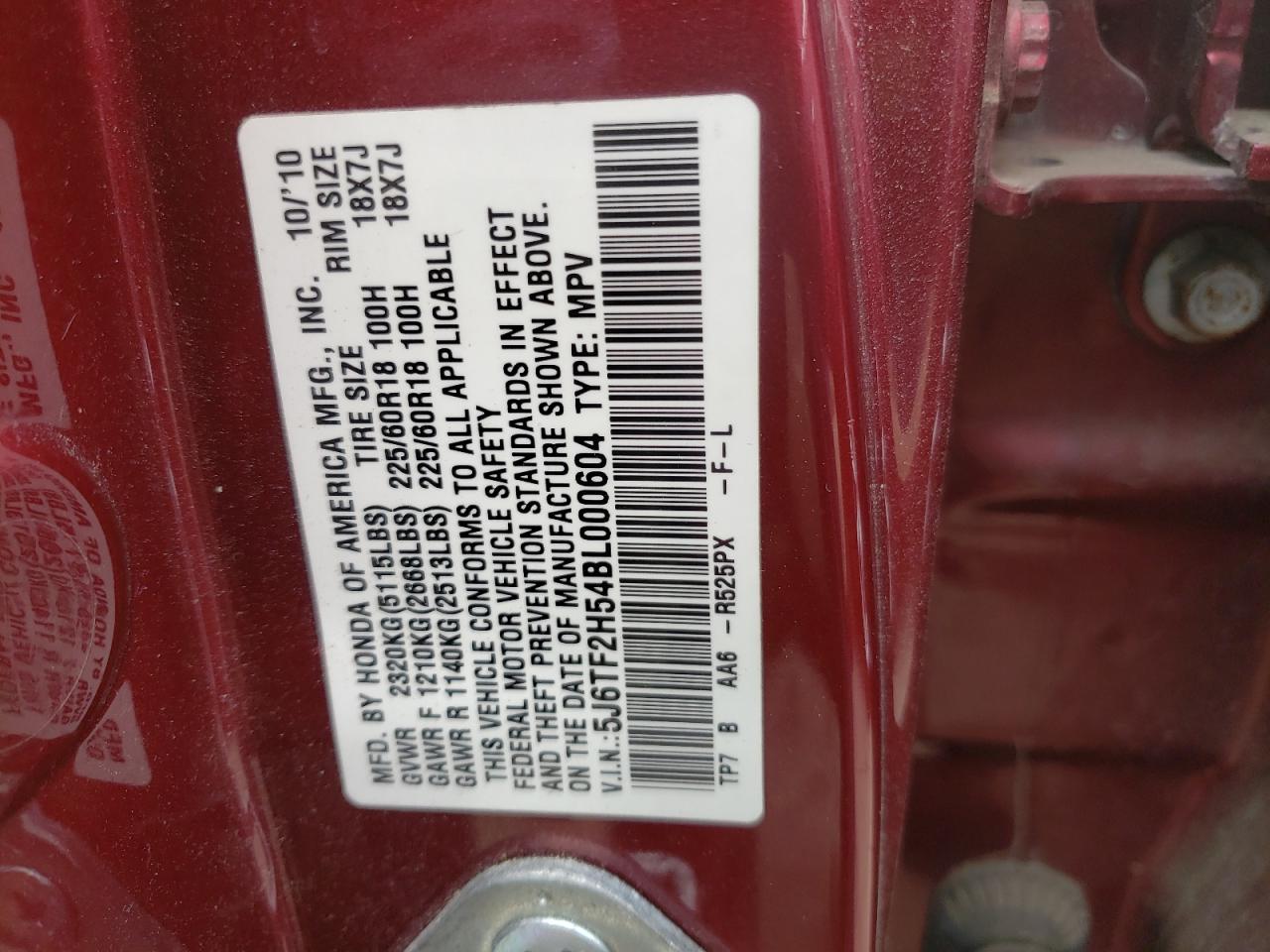 Photo 10 from auction – 2011 HONDA ACCORD CRO with VIN 5J6TF2H54BL000604
