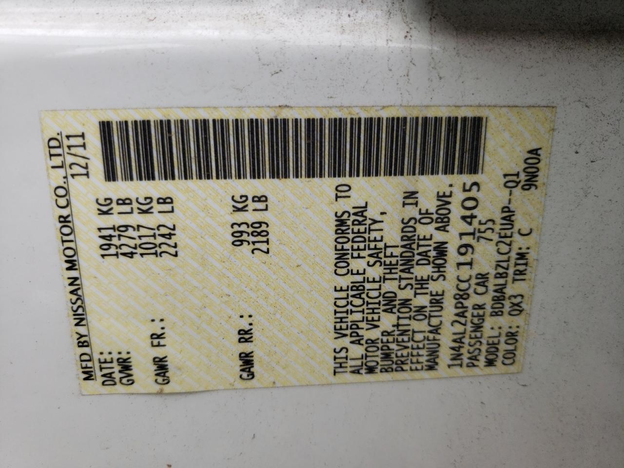 Photo 10 from auction – 2012 NISSAN ALTIMA BAS with VIN 1N4AL2AP8CC191405