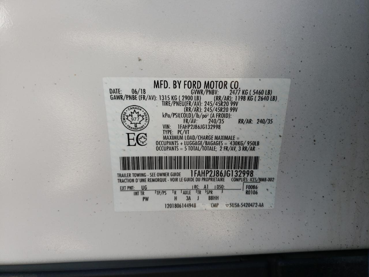 Photo 10 from auction – 2018 FORD TAURUS LIM with VIN 1FAHP2J86JG132998