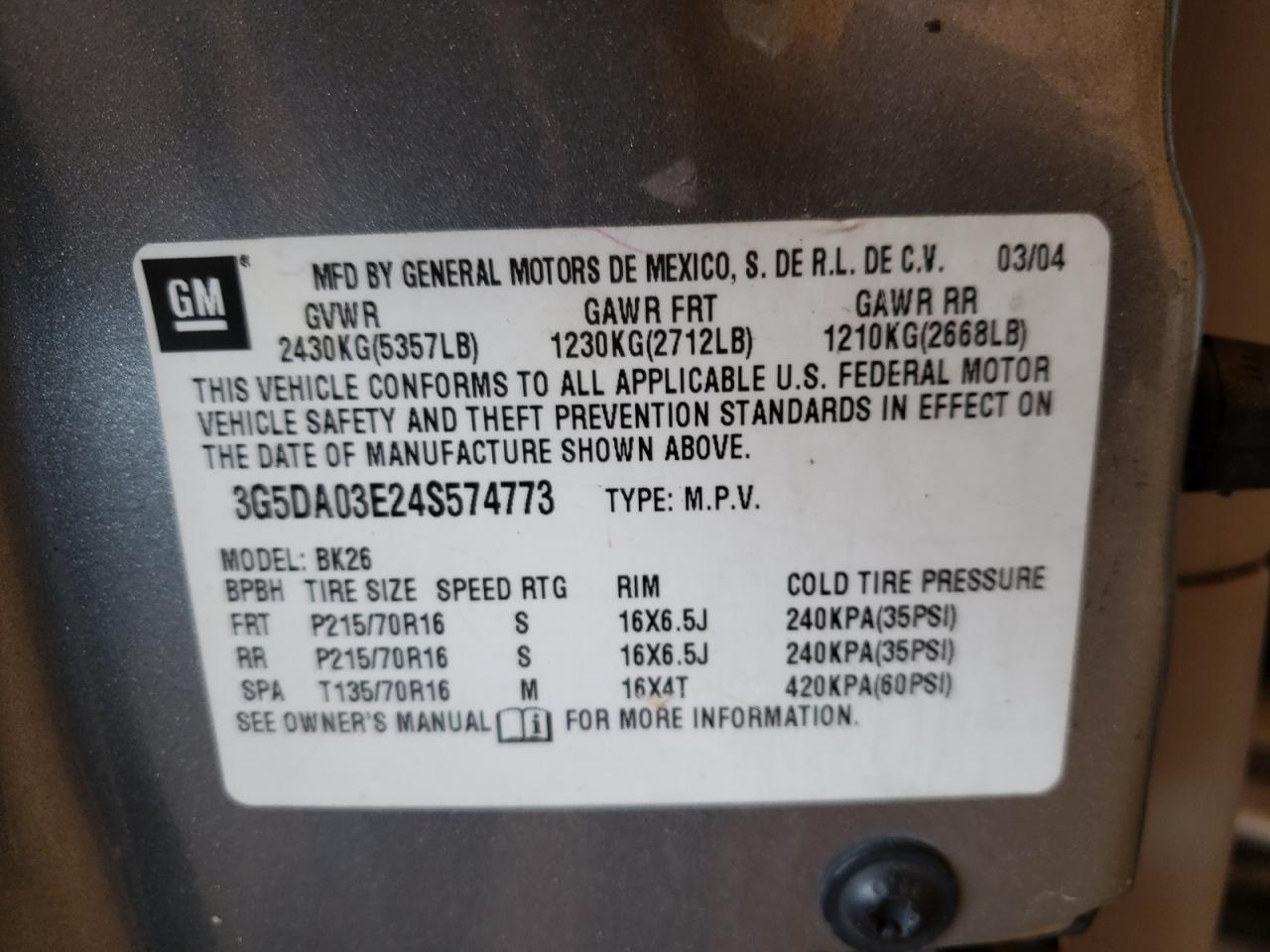 Photo 10 from auction – 2004 BUICK RENDEZVOUS with VIN 3G5DA03E24S574773