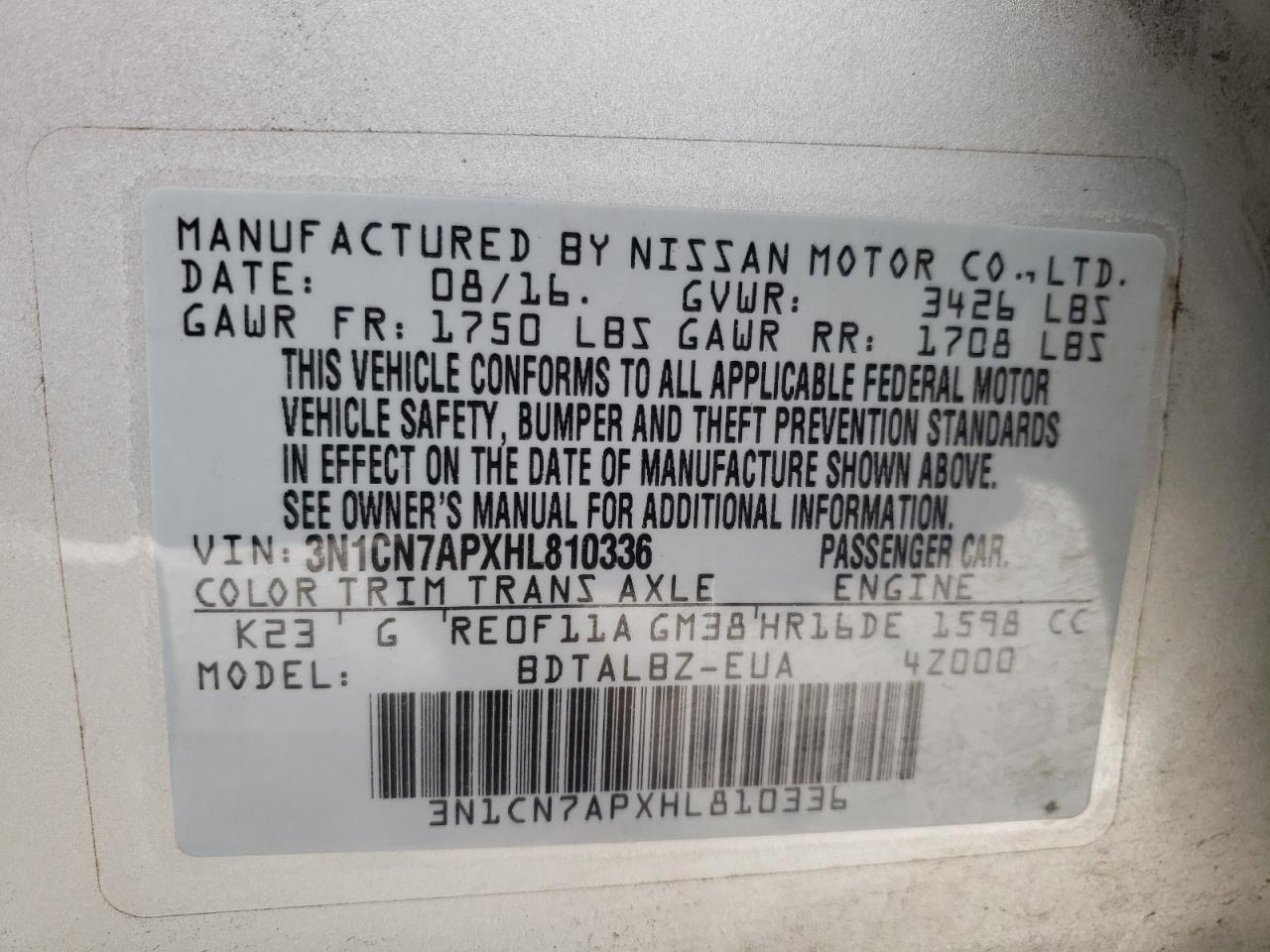 Photo 10 from auction – 2017 NISSAN VERSA S with VIN 3N1CN7APXHL810336
