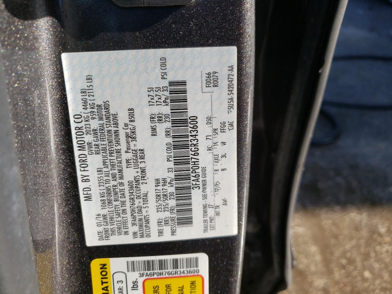 Photo 10 from auction – 2016 FORD FUSION SE with VIN 3FA6P0H76GR343600