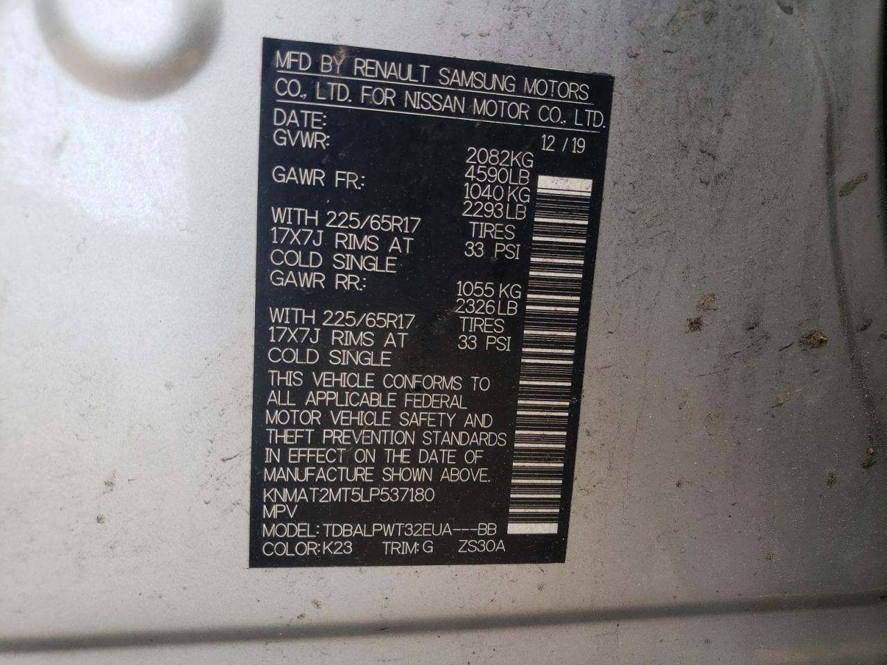 Photo 10 from auction – 2020 NISSAN ROGUE S with VIN KNMAT2MT5LP537180