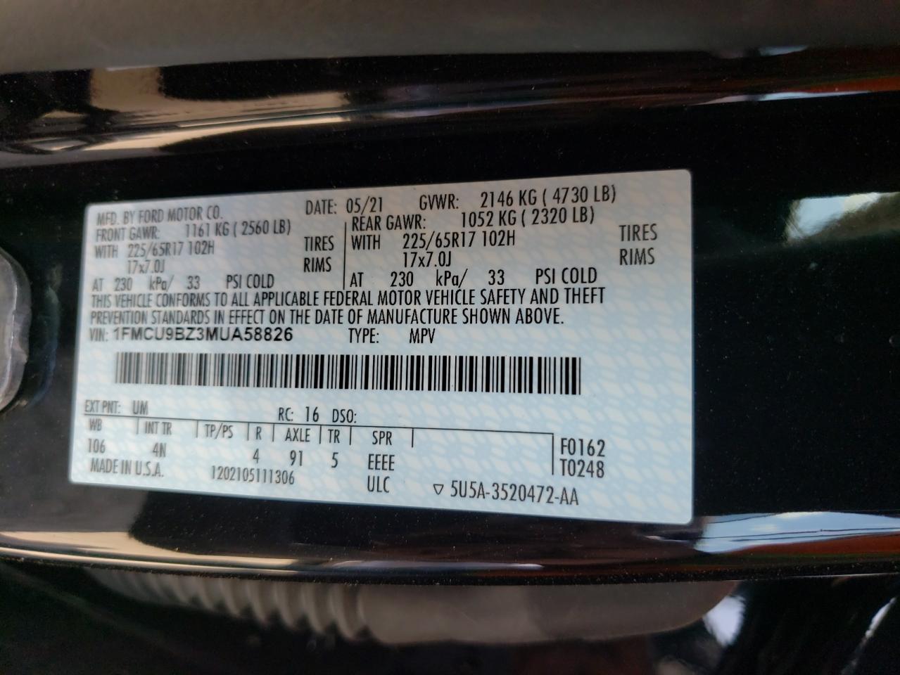 Photo 10 from auction – 2021 FORD ESCAPE SE with VIN 1FMCU9BZ3MUA58826
