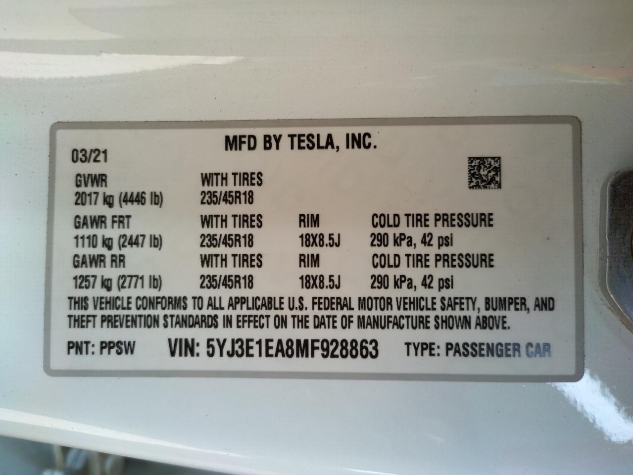 Photo 10 from auction – 2021 TESLA MODEL 3 with VIN 5YJ3E1EA8MF928863