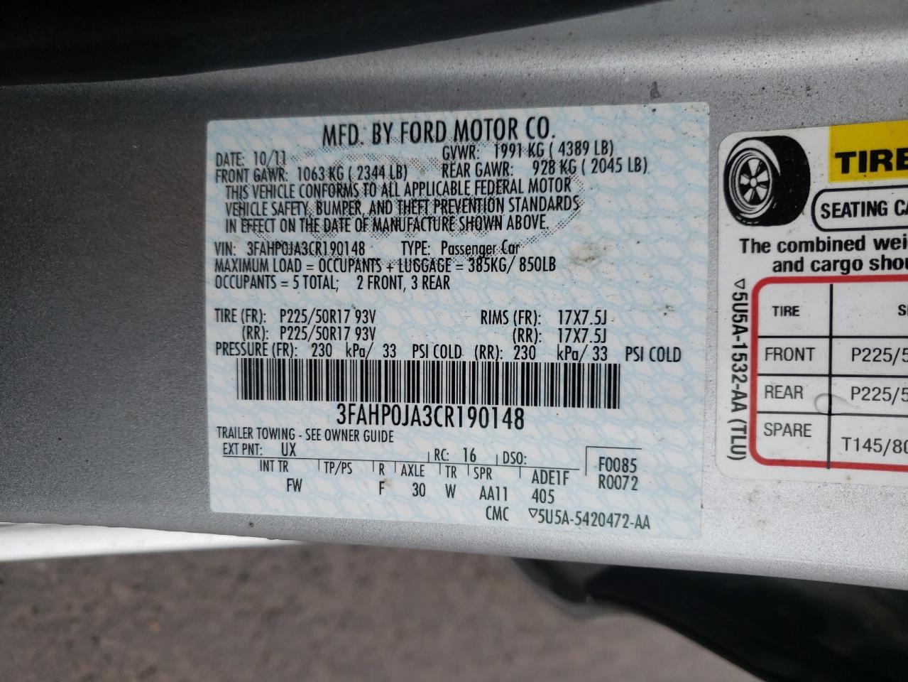 Photo 10 from auction – 2012 FORD FUSION SEL with VIN 3FAHP0JA3CR190148