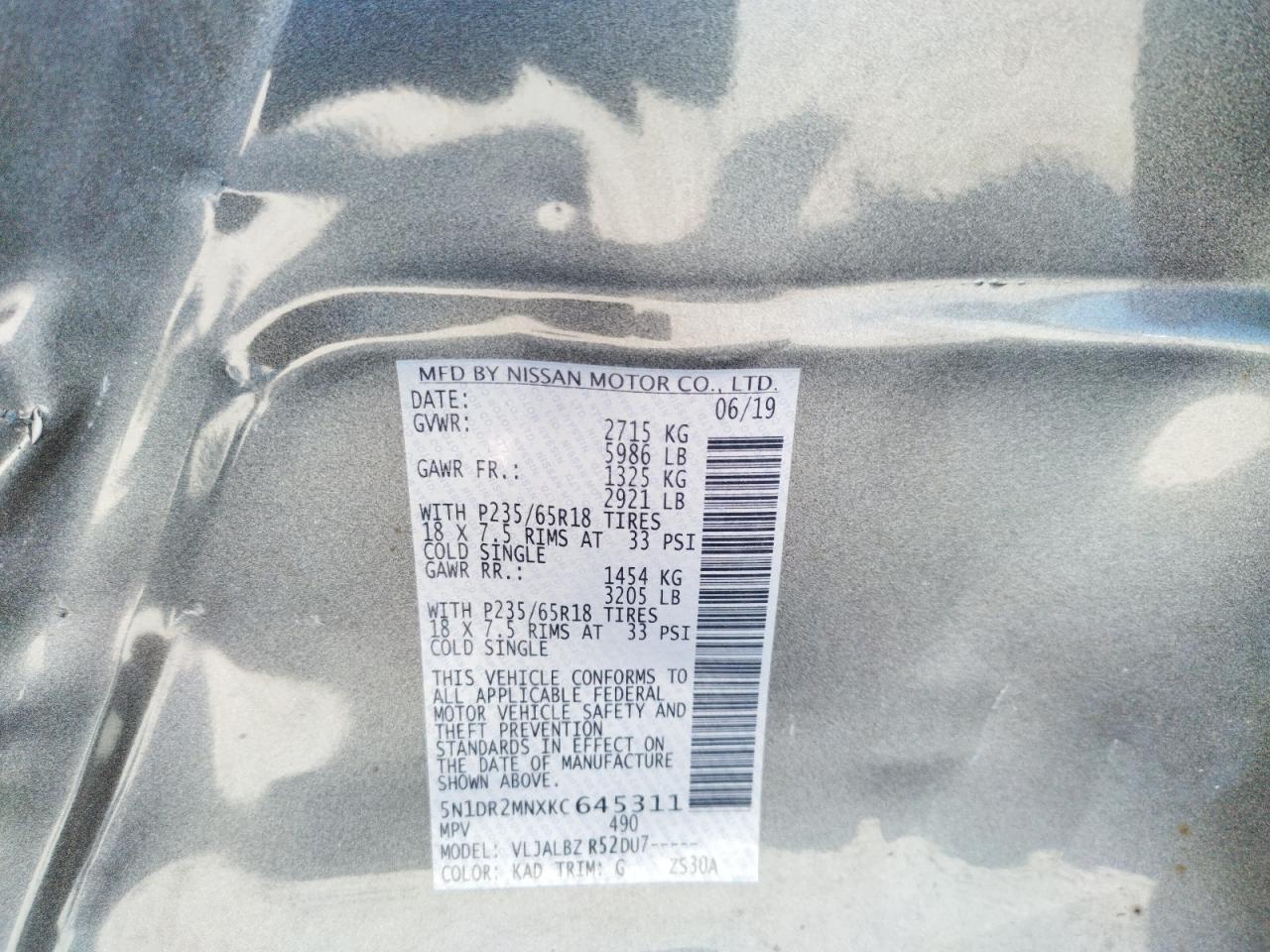 Photo 10 from auction – 2019 NISSAN PATHFINDER with VIN 5N1DR2MNXKC645311