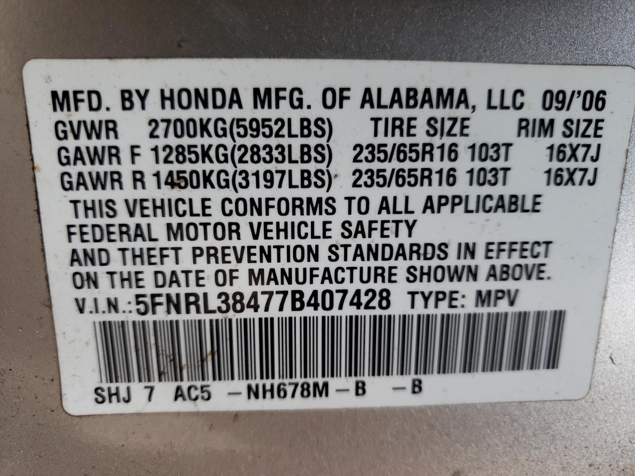 Photo 10 from auction – 2007 HONDA ODYSSEY EX with VIN 5FNRL38477B407428