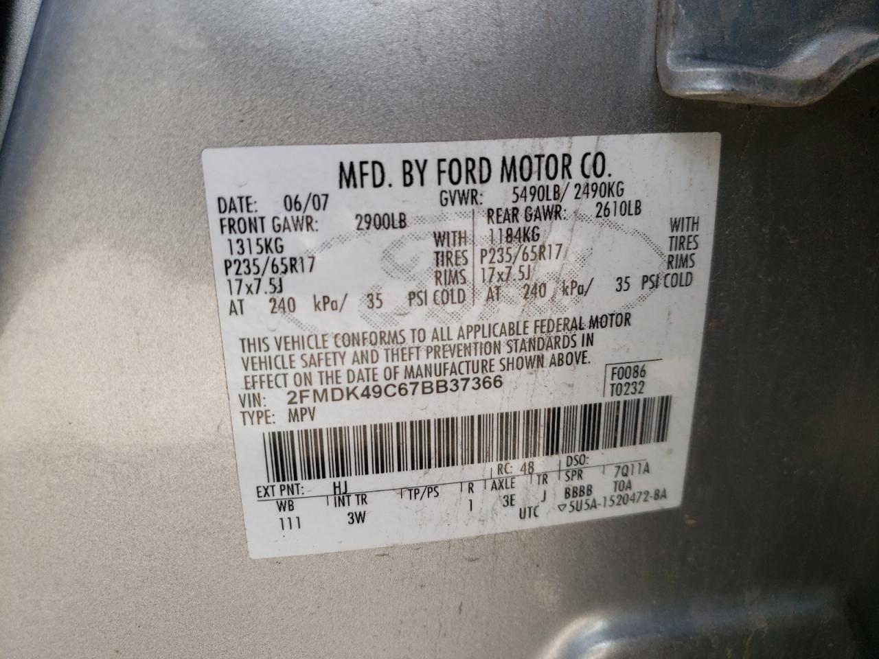 Photo 10 from auction – 2007 FORD EDGE SEL P with VIN 2FMDK49C67BB37366