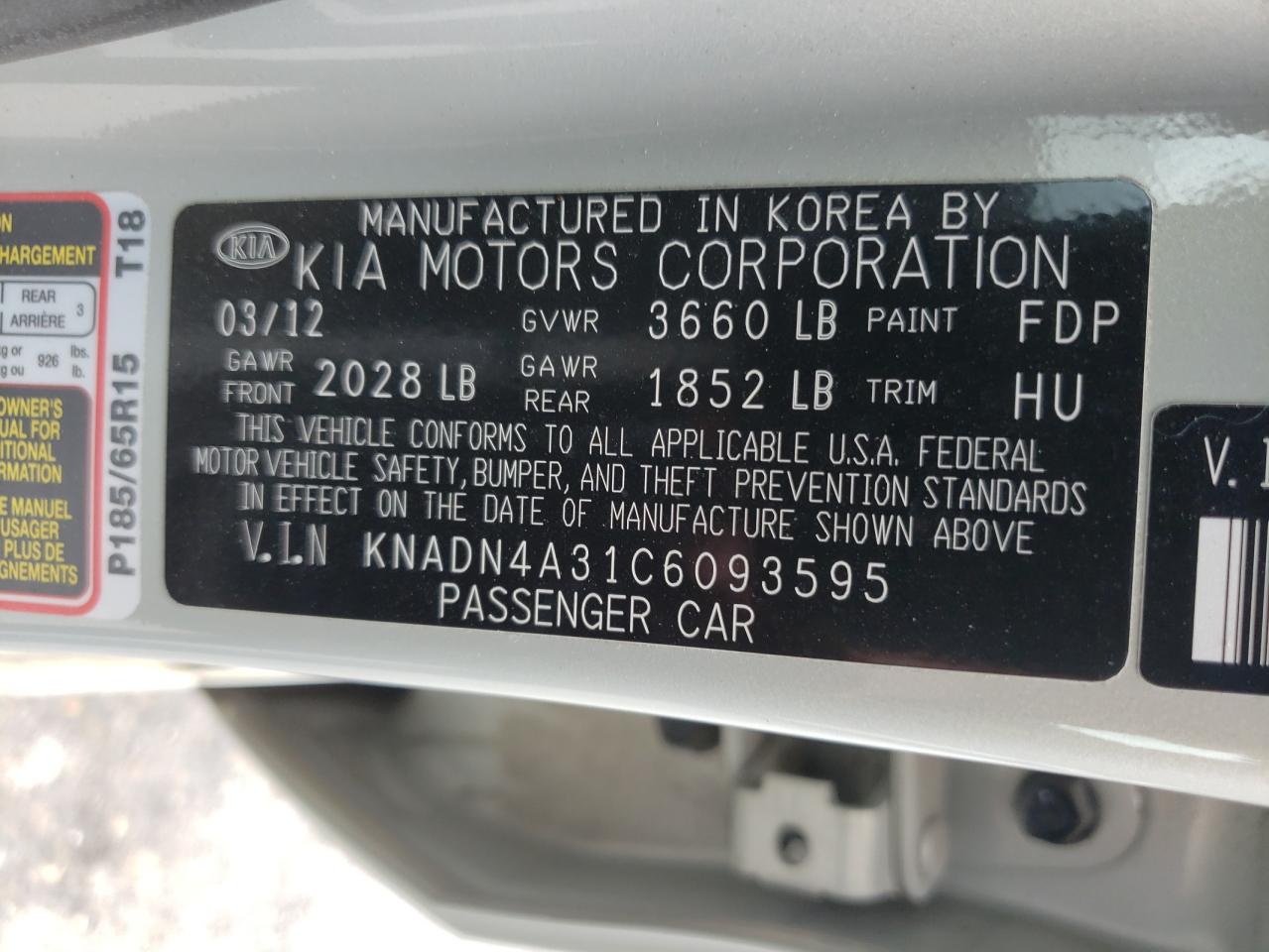 Photo 10 from auction – 2012 KIA RIO EX with VIN KNADN4A31C6093595