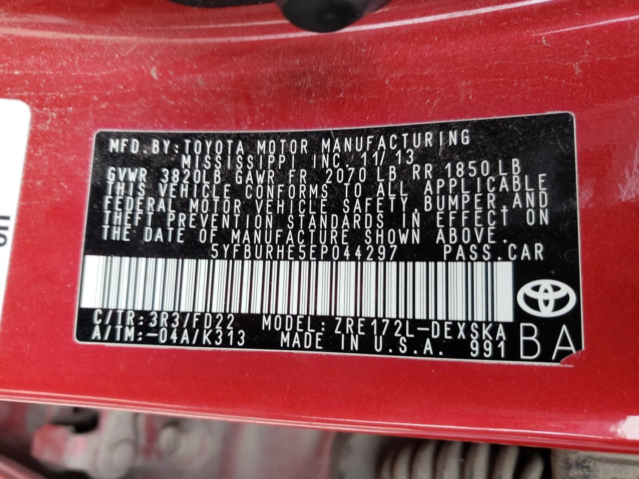 Photo 10 from auction – 2014 TOYOTA COROLLA L with VIN 5YFBURHE5EP044297