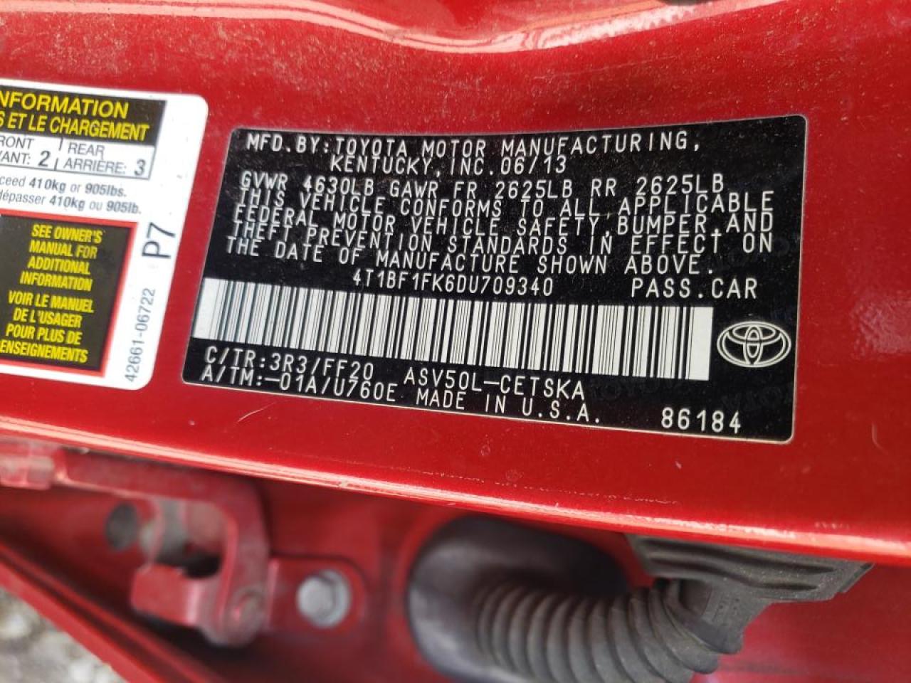 Photo 10 from auction – 2013 TOYOTA CAMRY L with VIN 4T1BF1FK6DU709340