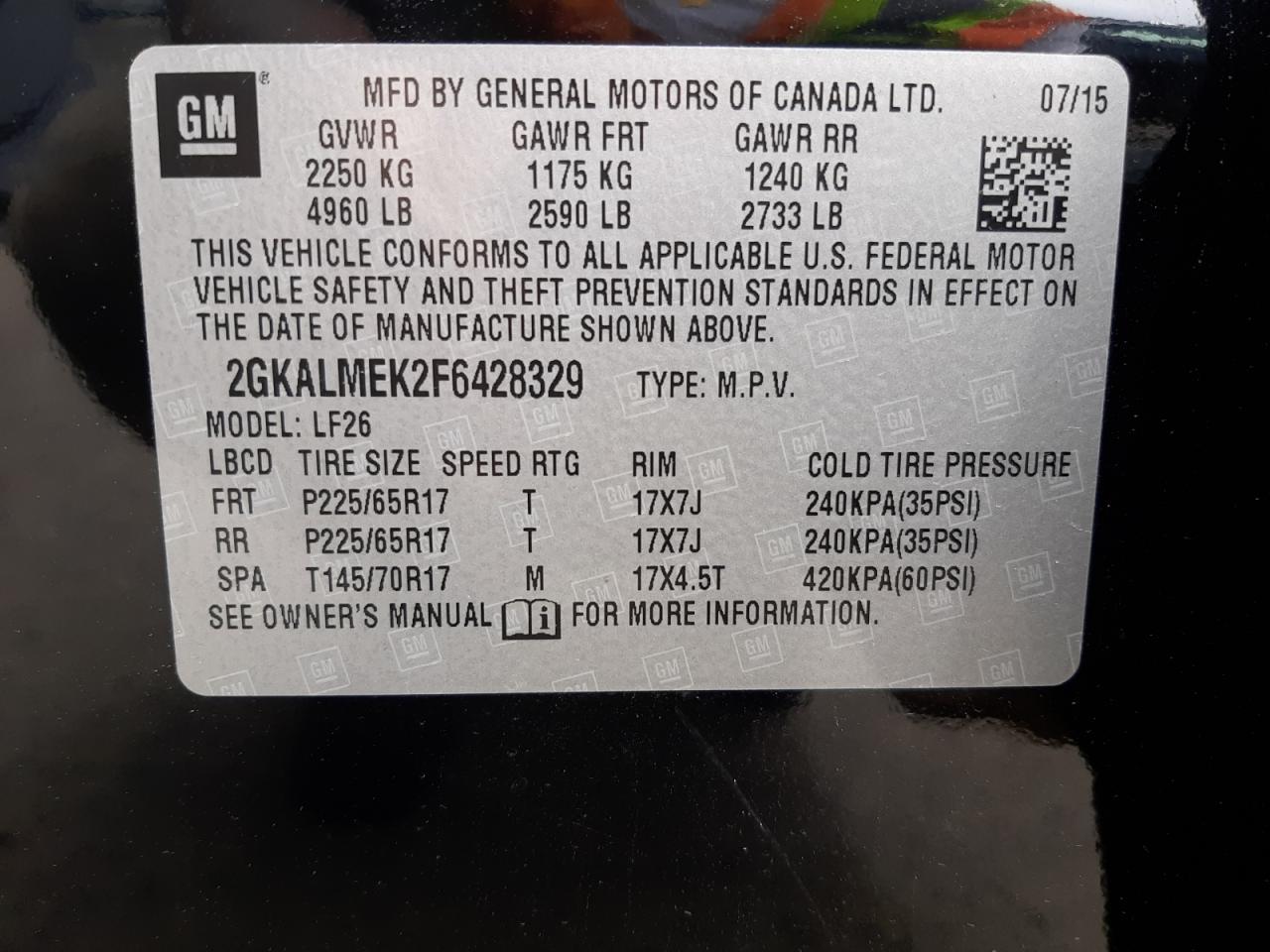 Photo 11 from auction – 2015 GMC TERRAIN SL with VIN 2GKALMEK2F6428329