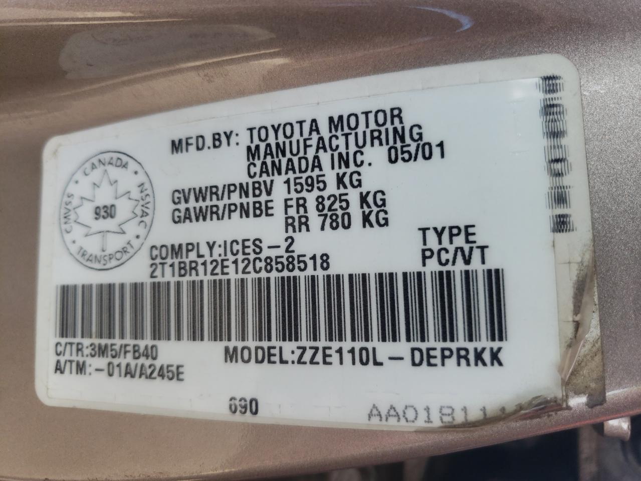 Photo 10 from auction – 2002 TOYOTA COROLLA CE with VIN 2T1BR12E12C858518