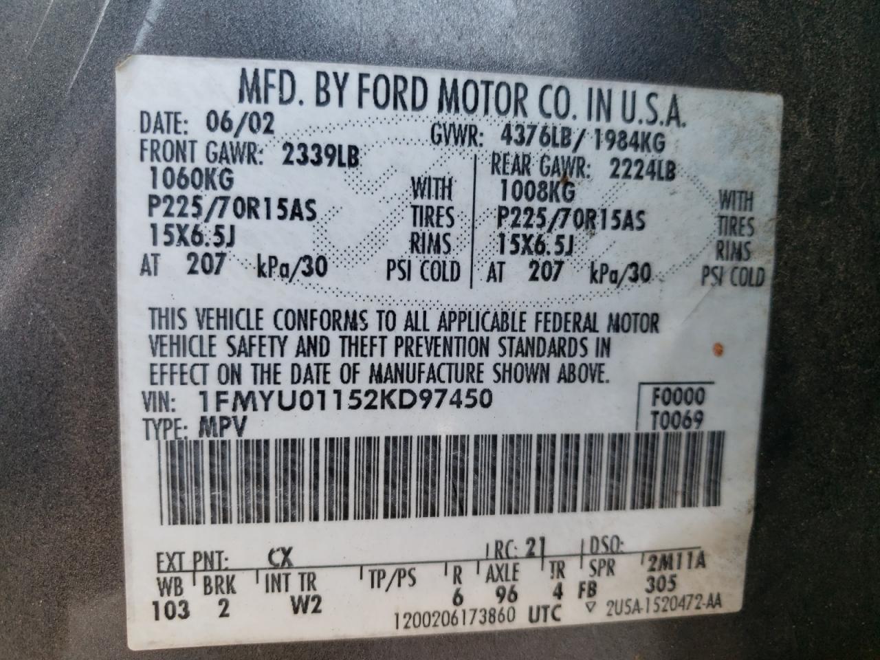 Photo 19 from auction – 2002 FORD ESCAPE XLS with VIN 1FMYU01152KD97450