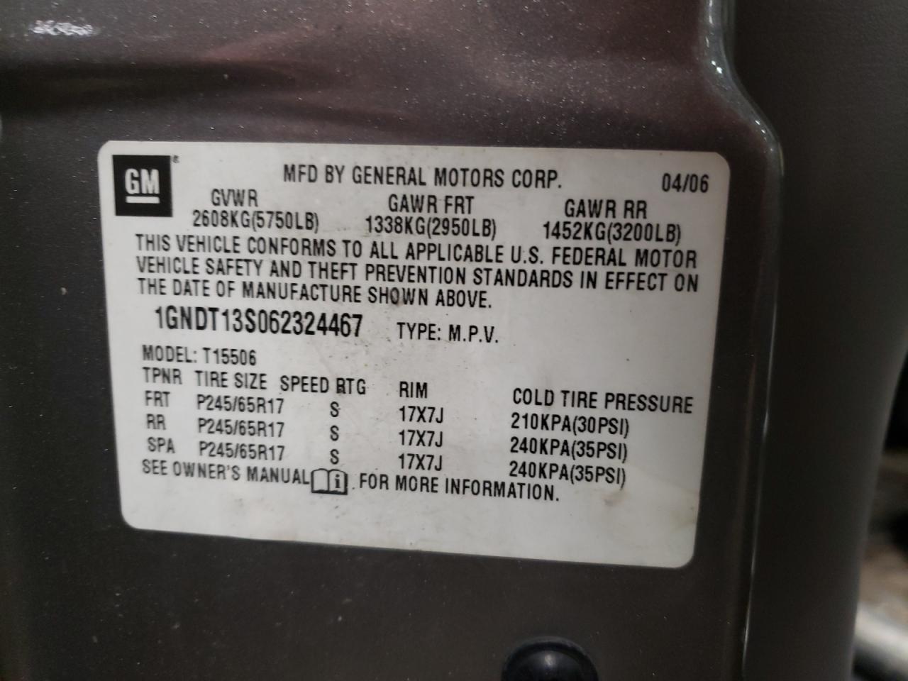 Photo 10 from auction – 2006 CHEVROLET TRAILBLAZE with VIN 1GNDT13S062324467