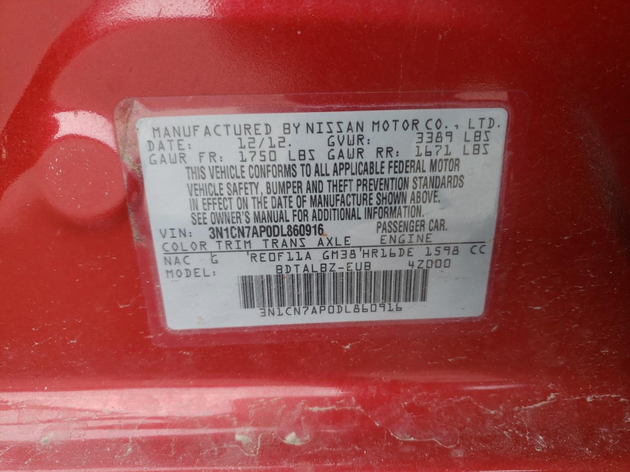 Photo 10 from auction – 2013 NISSAN VERSA S with VIN 3N1CN7AP0DL860916