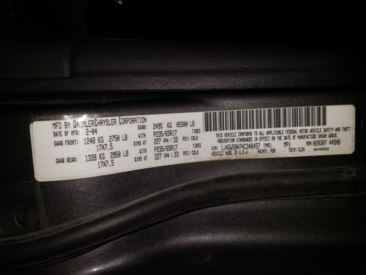 Photo 10 from auction – 2004 JEEP GRAND CHER with VIN 1J4GW58N74C346457