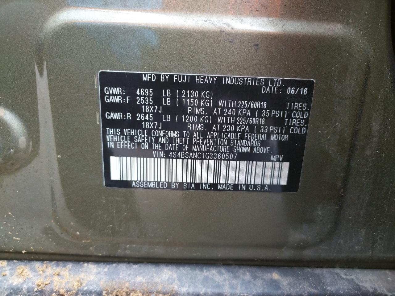 Photo 10 from auction – 2016 SUBARU OUTBACK 2. with VIN 4S4BSANC1G3360507