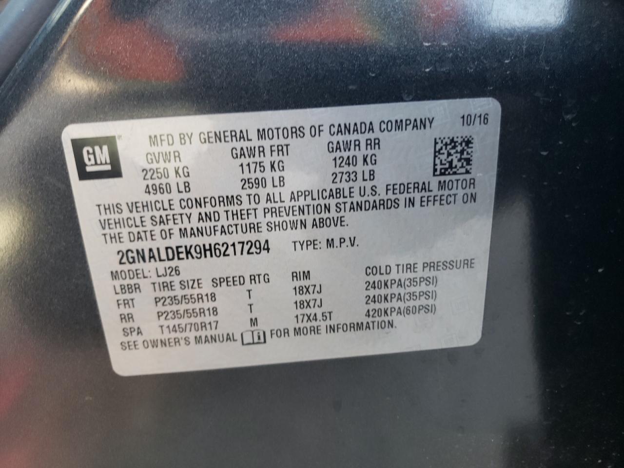 Photo 10 from auction – 2017 CHEVROLET EQUINOX PR with VIN 2GNALDEK9H6217294