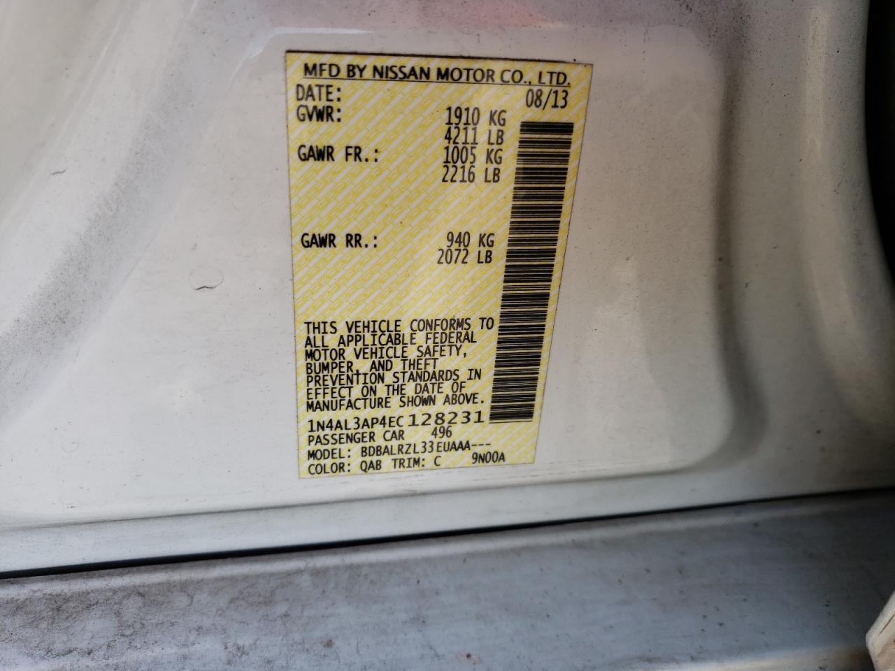 Photo 10 from auction – 2014 NISSAN ALTIMA 2.5 with VIN 1N4AL3AP4EC128231