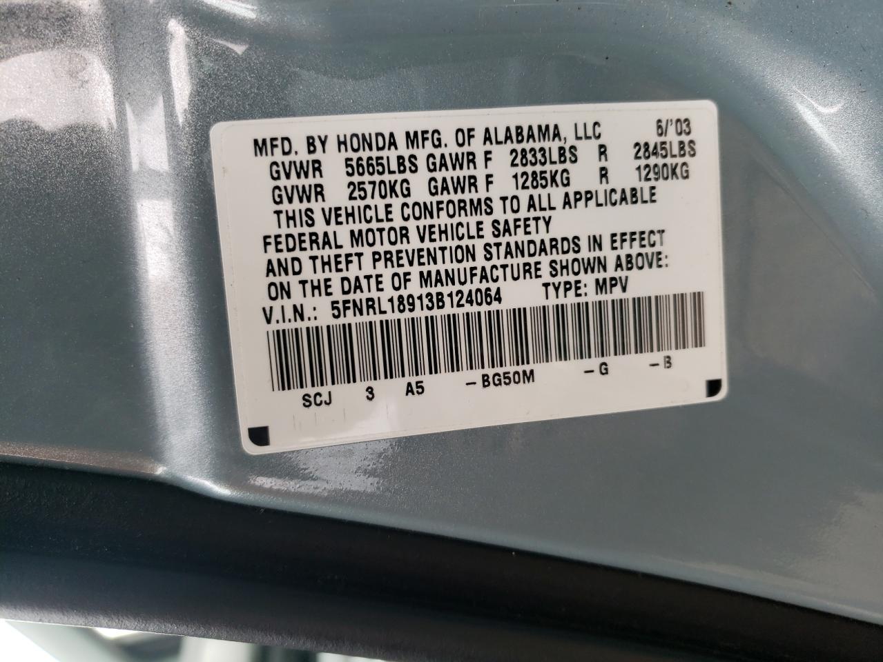 Photo 10 from auction – 2003 HONDA ODYSSEY EX with VIN 5FNRL18913B124064