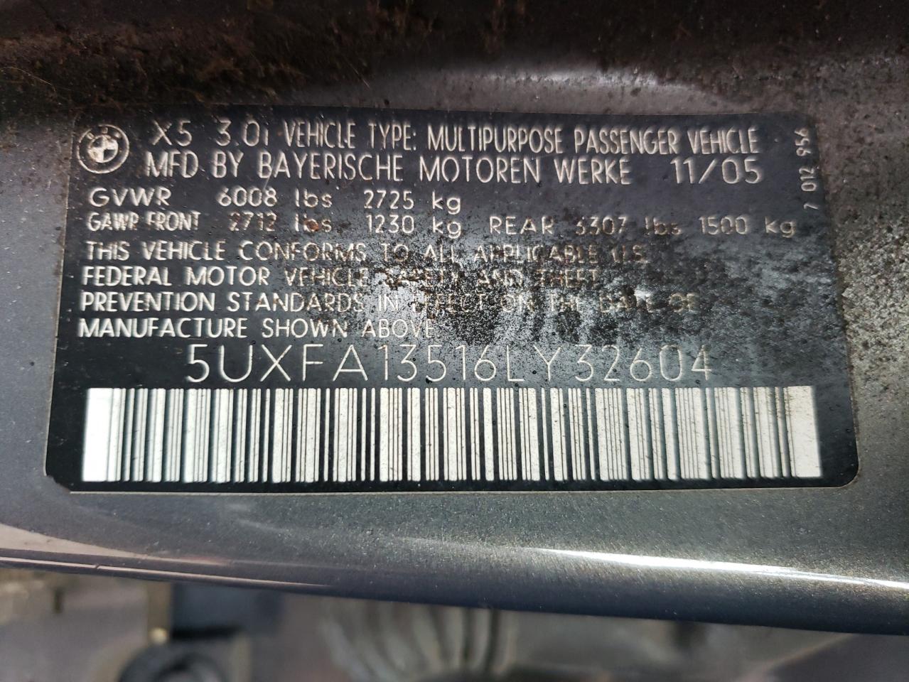Photo 10 from auction – 2006 BMW X5 3.0I with VIN 5UXFA13516LY32604
