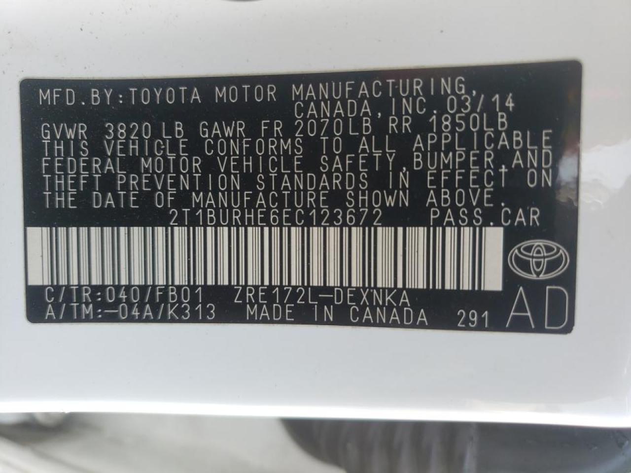 Photo 10 from auction – 2014 TOYOTA COROLLA L with VIN 2T1BURHE6EC123672