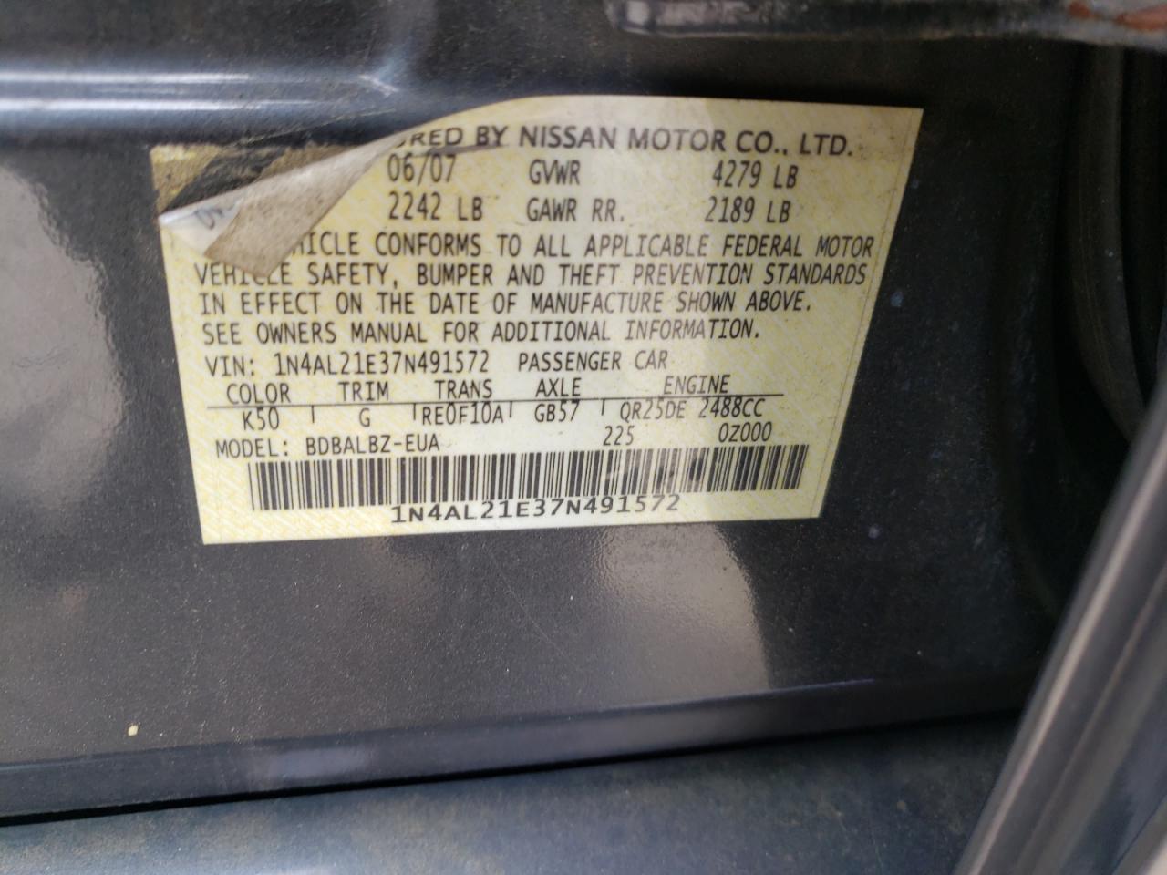 Photo 10 from auction – 2007 NISSAN ALTIMA 2.5 with VIN 1N4AL21E37N491572