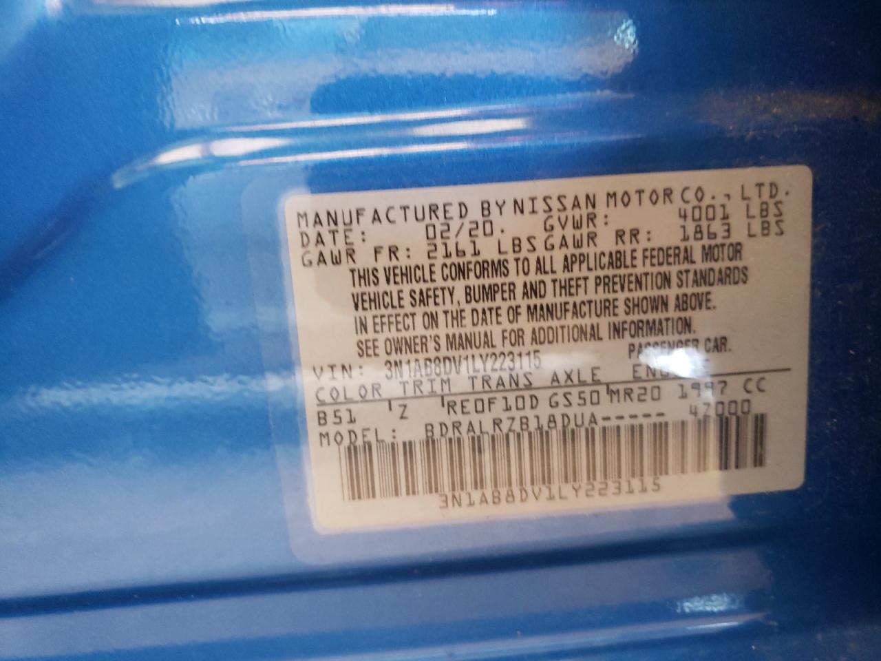 Photo 10 from auction – 2020 NISSAN SENTRA SR with VIN 3N1AB8DV1LY223115