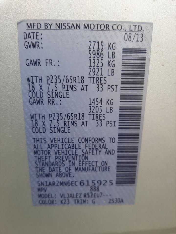 Photo 10 from auction – 2014 NISSAN PATHFINDER with VIN 5N1AR2MN6EC615925