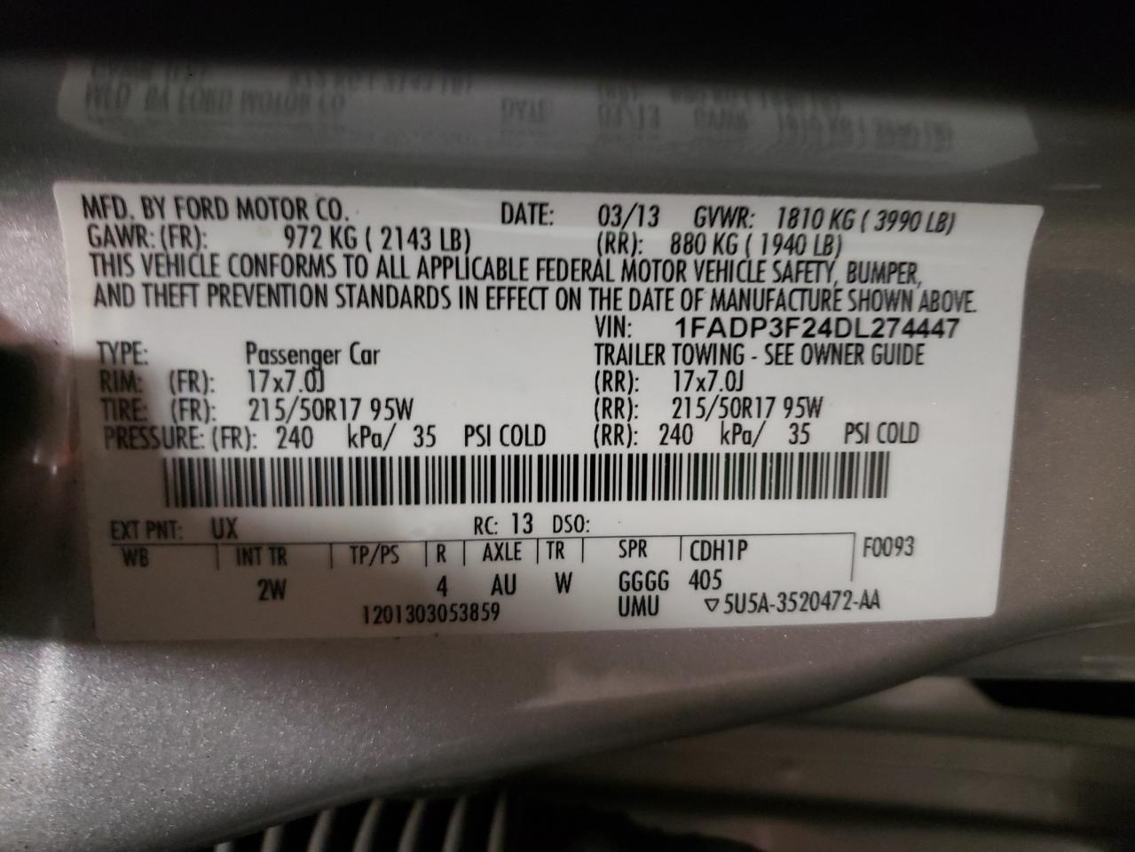 Photo 10 from auction – 2013 FORD FOCUS SE with VIN 1FADP3F24DL274447