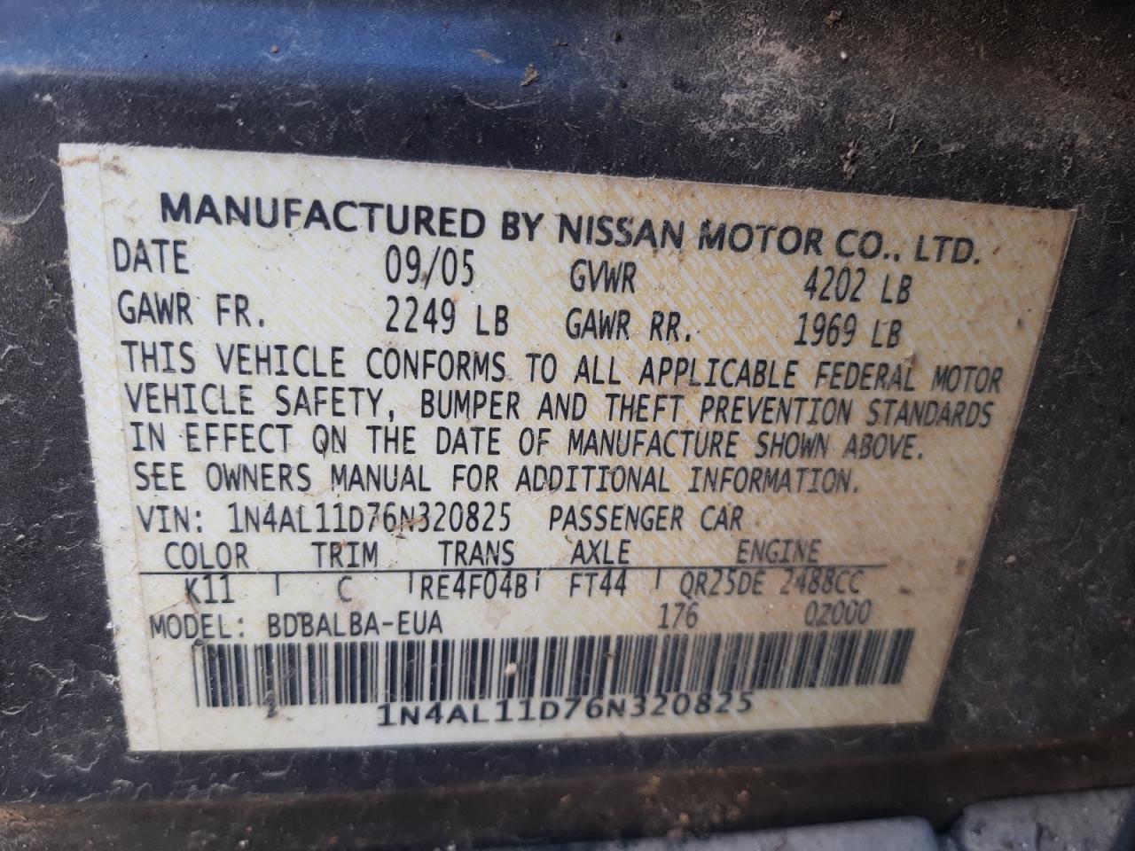 Photo 10 from auction – 2006 NISSAN ALTIMA S with VIN 1N4AL11D76N320825