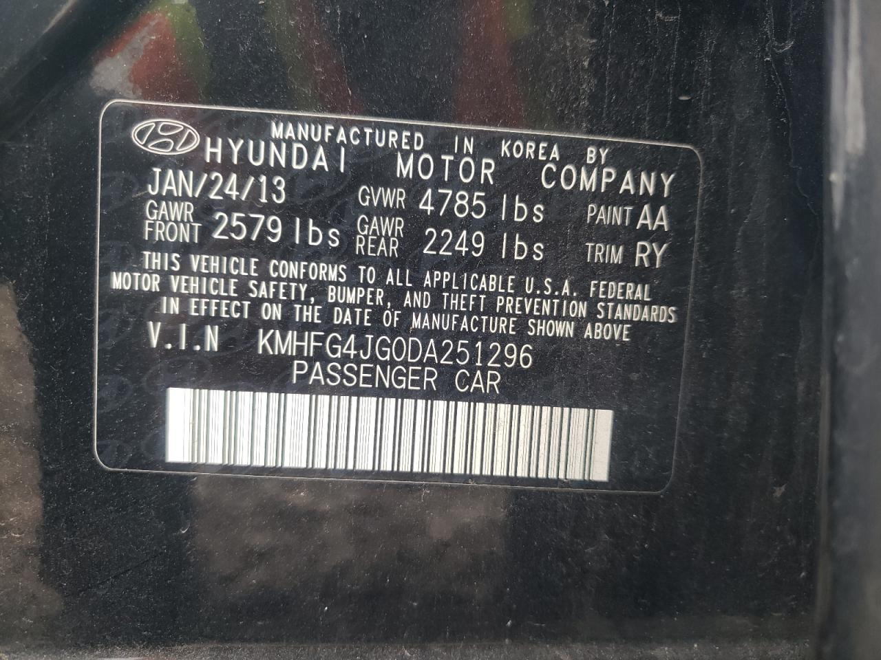 Photo 10 from auction – 2013 HYUNDAI AZERA with VIN KMHFG4JG0DA251296