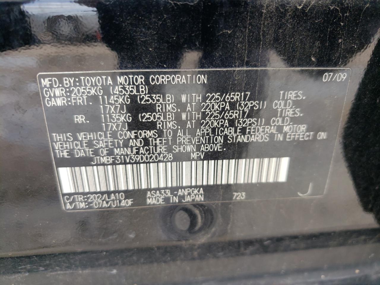 Photo 10 from auction – 2009 TOYOTA RAV4 LIMIT with VIN JTMBF31V39D020428