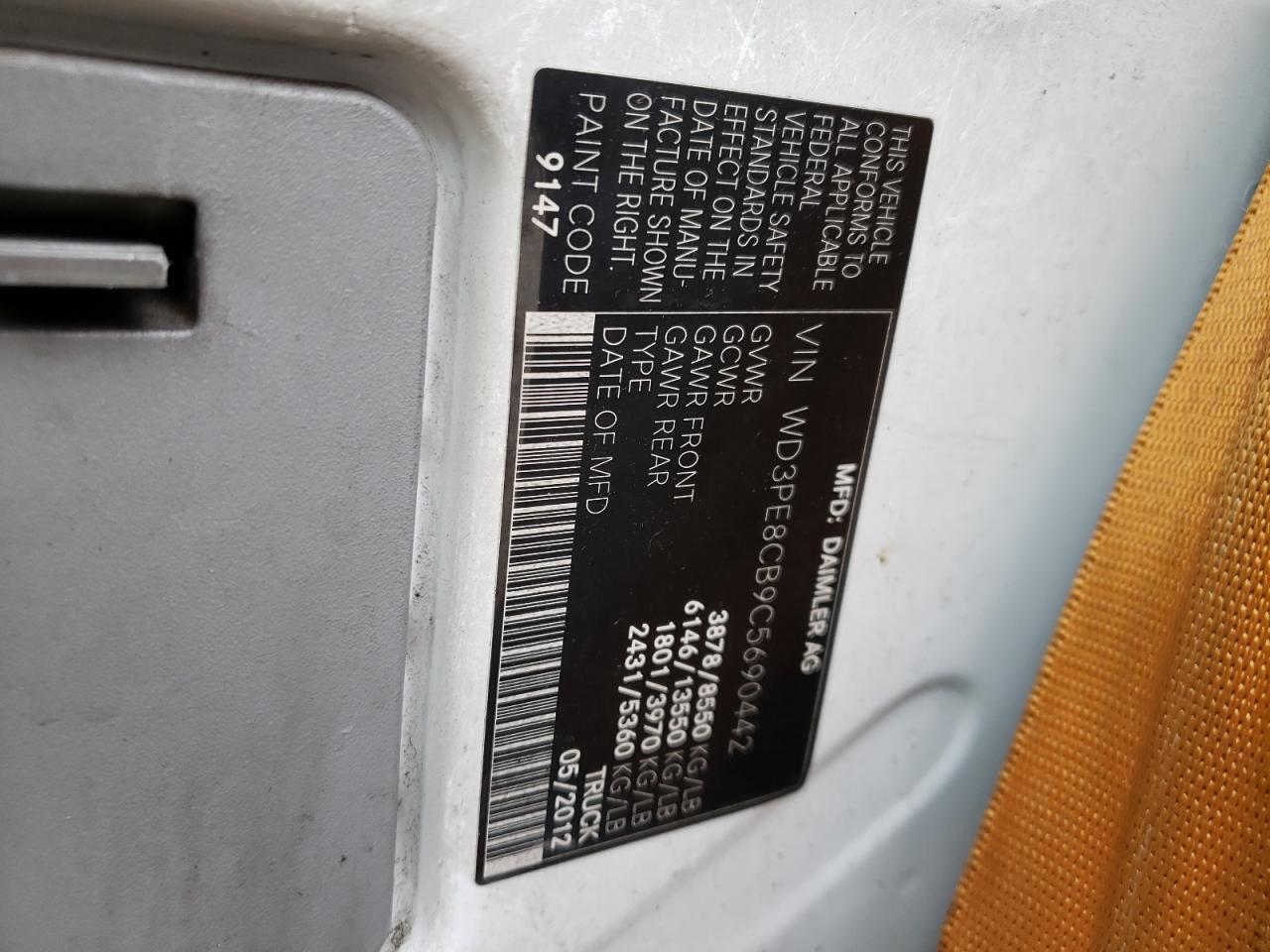 Photo 10 from auction – 2012 MERCEDES-BENZ SPRINTER 2 with VIN WD3PE8CB9C5690442