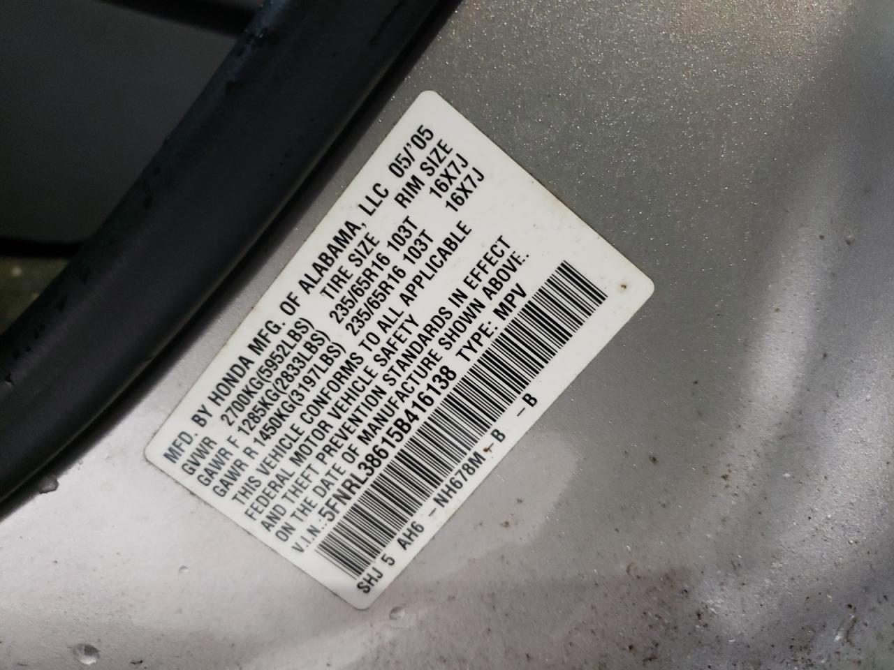 Photo 10 from auction – 2005 HONDA ODYSSEY EX with VIN 5FNRL38615B416138