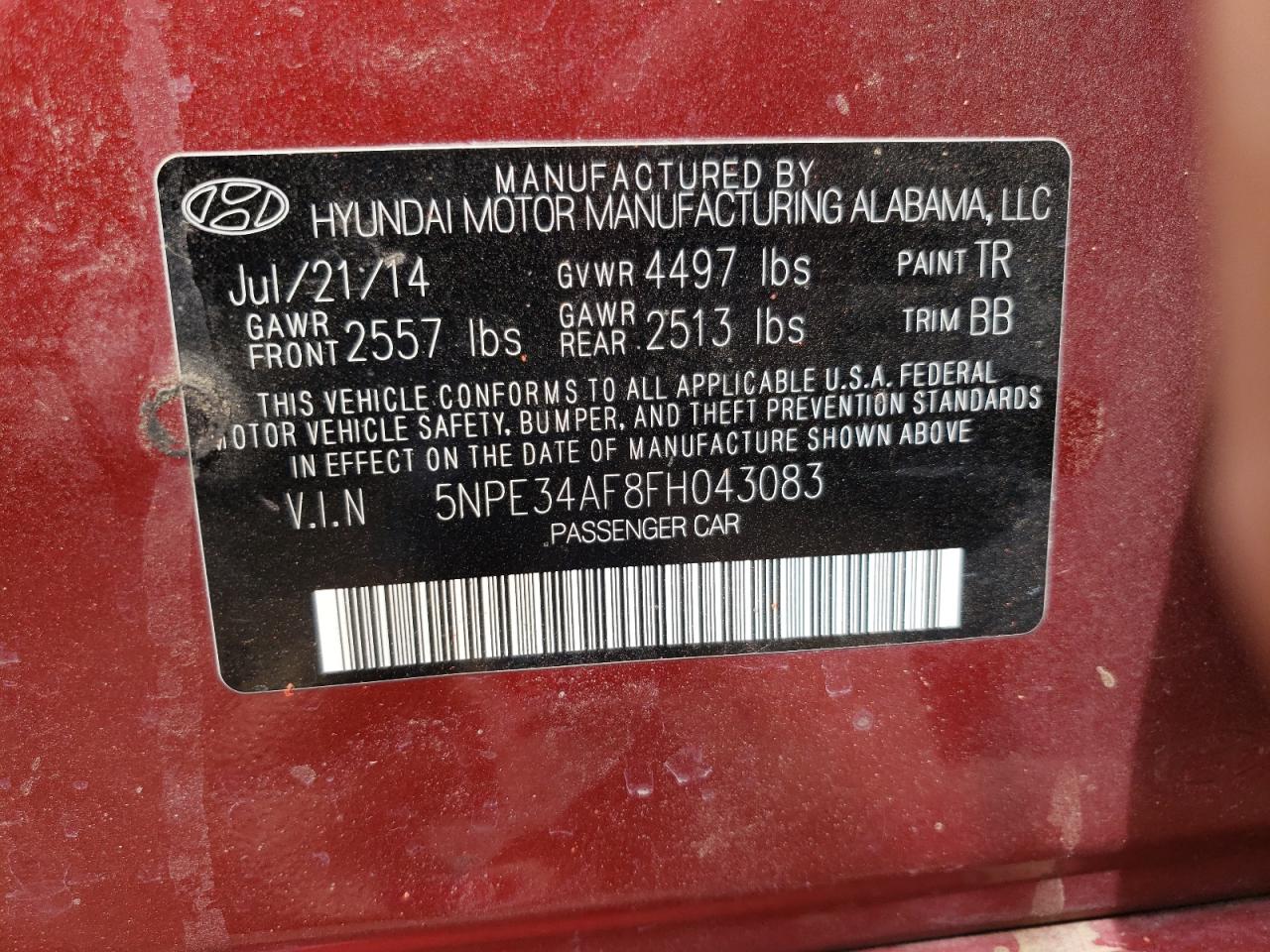 Photo 10 from auction – 2015 HYUNDAI SONATA SPO with VIN 5NPE34AF8FH043083