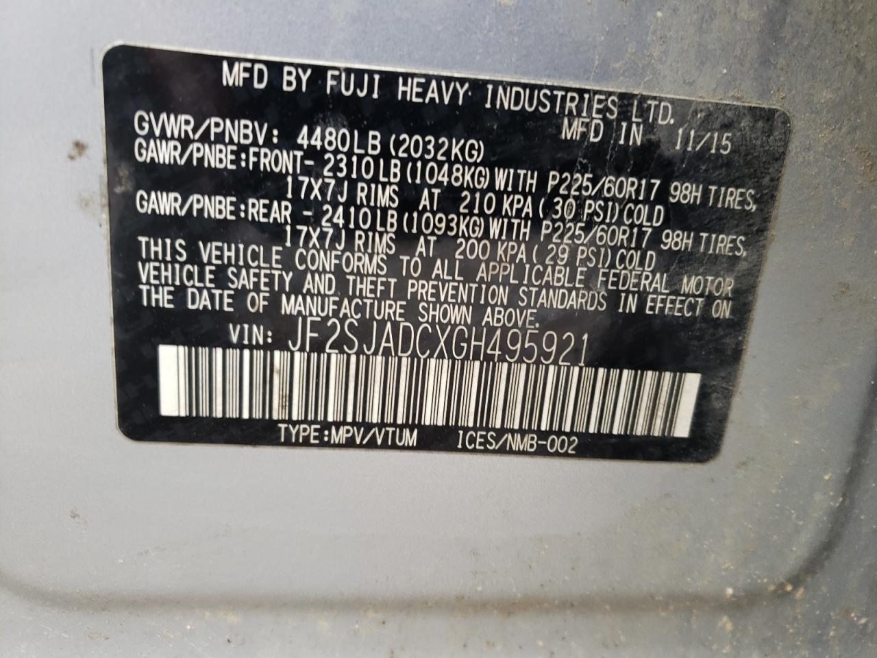 Photo 10 from auction – 2016 SUBARU FORESTER 2 with VIN JF2SJADCXGH495921